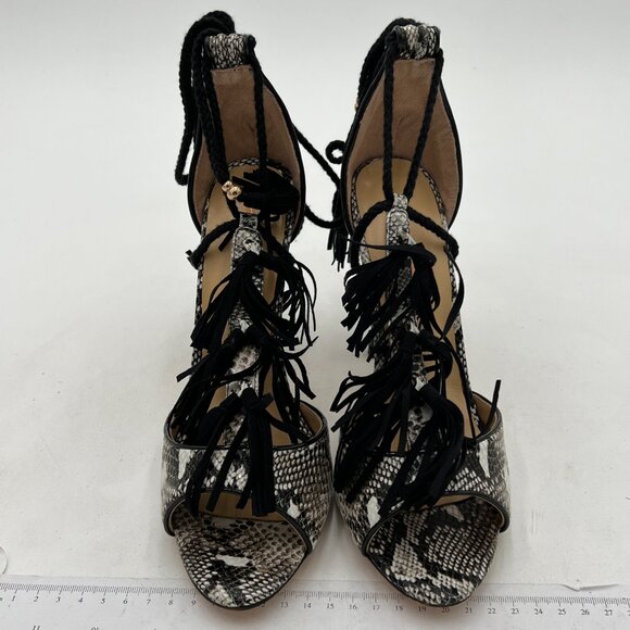 Black Sanke Print Tassels Lace Up Sandals Open Toe High Heel Fringed Shoes - Picture 2 of 6